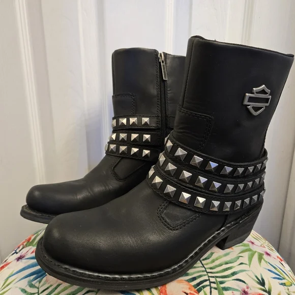 Harley-Davidson Black Studded Leather Moto Boot - Picture 2 of 5